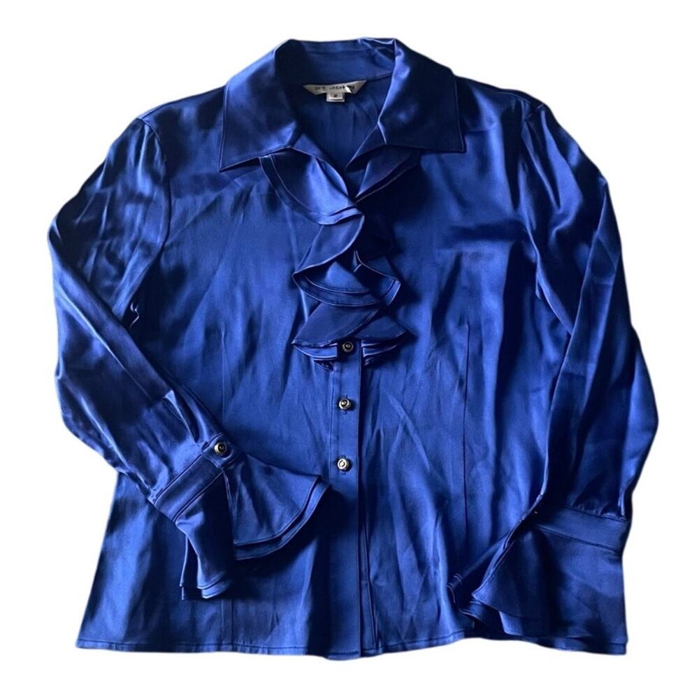 ST. JOHN Silk Ruffled Blouse Size 2 Small Romantic Prairie Corporcore Structured